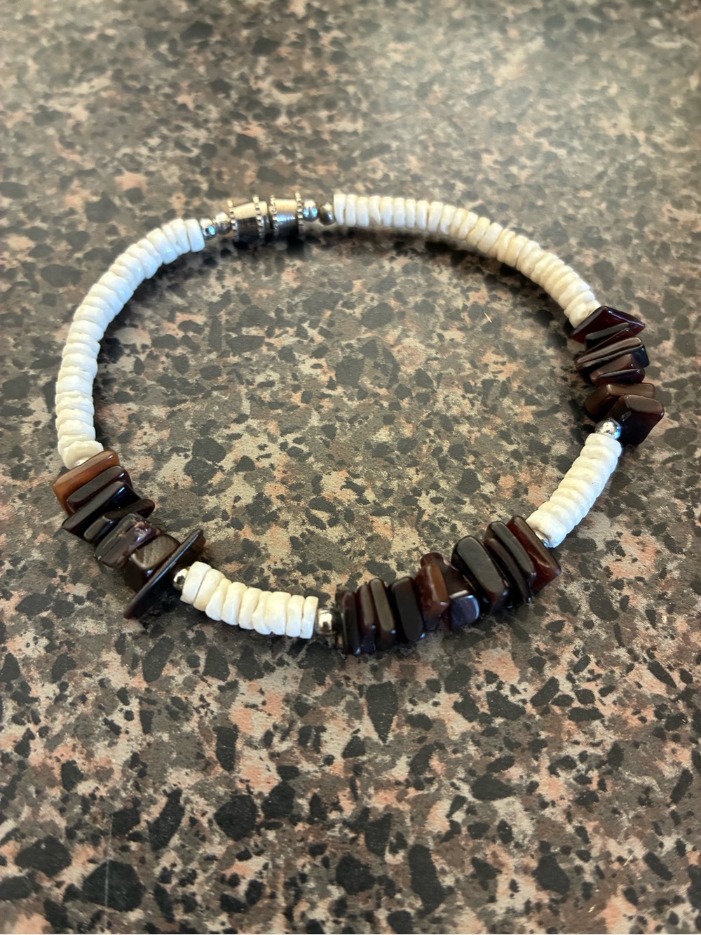 White Beaded Bracelet with Brown Chip Accents